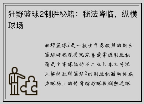 狂野篮球2制胜秘籍：秘法降临，纵横球场