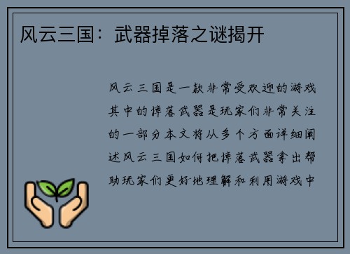 风云三国：武器掉落之谜揭开
